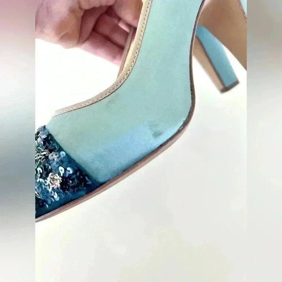 Miss Albright Bijou Teal Blue Satin & Beaded Sequin Rhinestone Cap Toe Heels - Picture 9 of 16